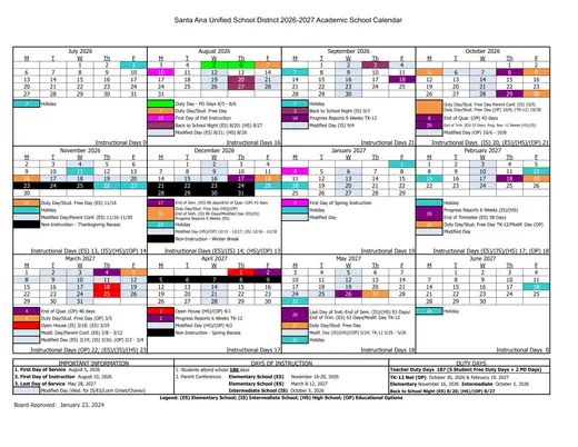 Santa Ana Unified School District 2026–2027 Academic Calendar
