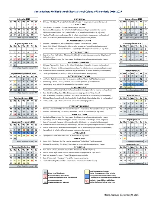 Santa Barbara Unified School District SBUSD 2026–2027 Academic Calendar