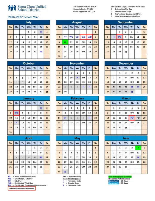 Santa Clara Unified School District 2026–2027 Academic Calendar
