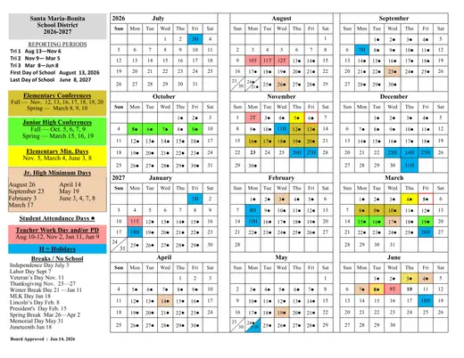 Santa Maria-Bonita School District 2026–2027 Academic Calendar