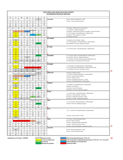 Santa Maria Joint Union High School District SMJUHSD 2026–2027 Academic Calendar