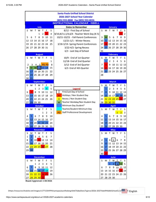 Santa Paula Unified School District SPUSD 2026–2027 Academic Calendar Page 4