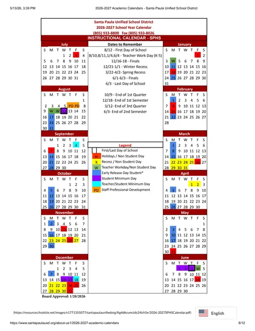 Santa Paula Unified School District SPUSD 2026–2027 Academic Calendar Page 6