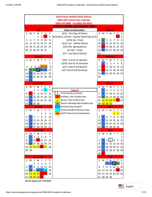 Santa Paula Unified School District SPUSD 2026–2027 Academic Calendar Page 9