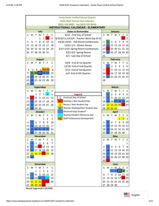 Santa Paula Unified School District SPUSD 2026–2027 Academic Calendar Page 12