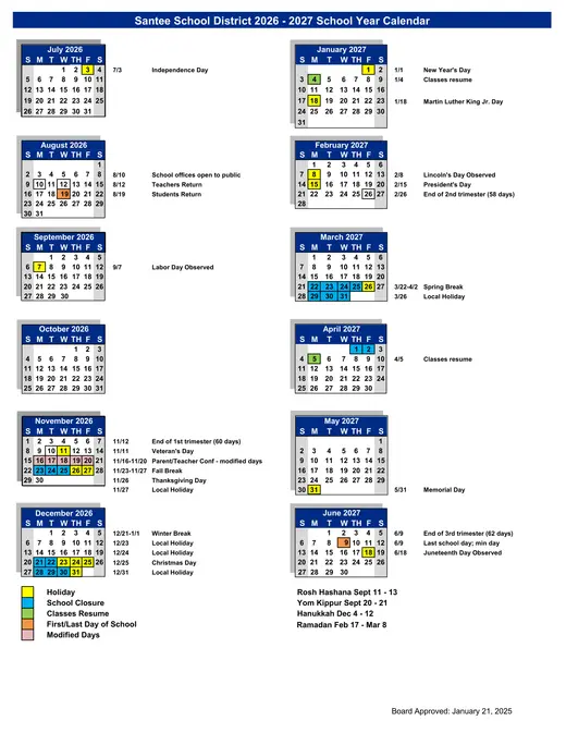 Santee School District 2026–2027 Academic Calendar