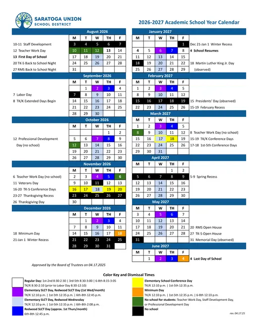 Saratoga Union School District 2026–2027 Academic Calendar