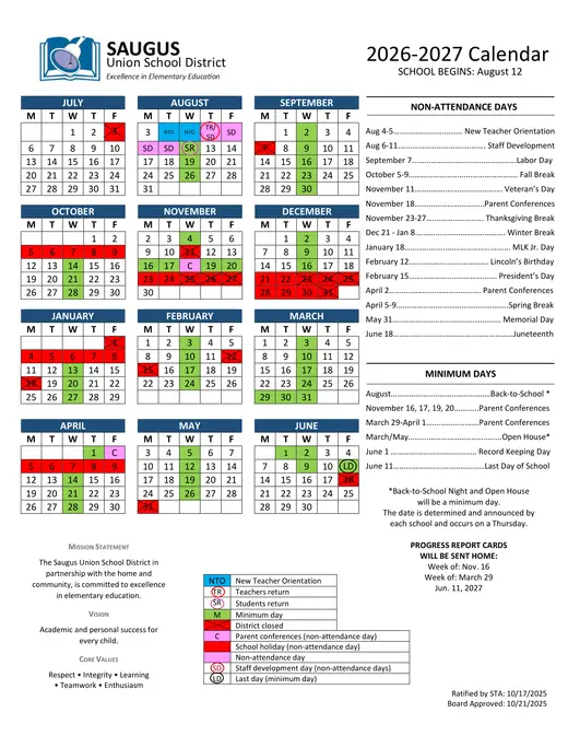 Saugus Union School District 2026–2027 Academic Calendar