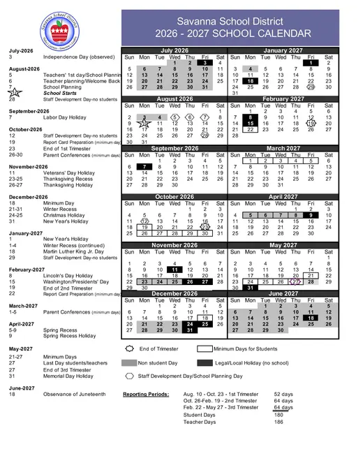 Savanna School District 2026–2027 Academic Calendar Page 2