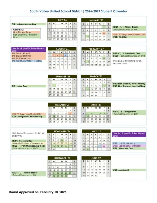 Scotts Valley Unified School District SVUSD 2026–2027 Academic Calendar Page 1
