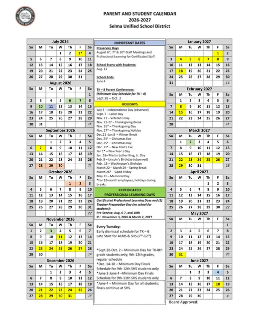 Selma Unified School District 2026–2027 Academic Calendar