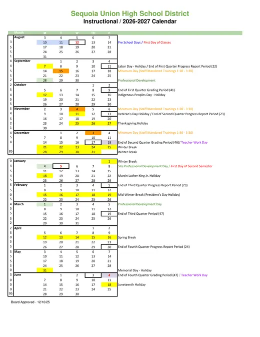 Sequoia Union High School District SUHSD 2026–2027 Academic Calendar