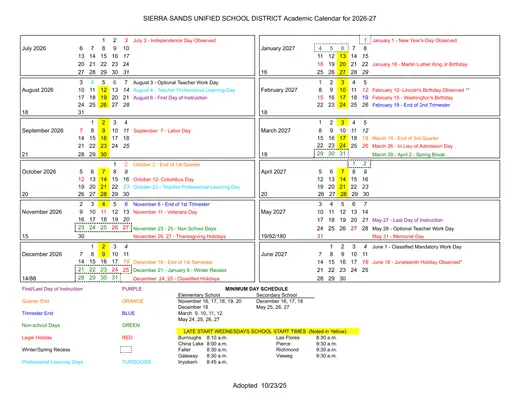 Sierra Sands Unified School District SSUSD 2026–2027 Academic Calendar