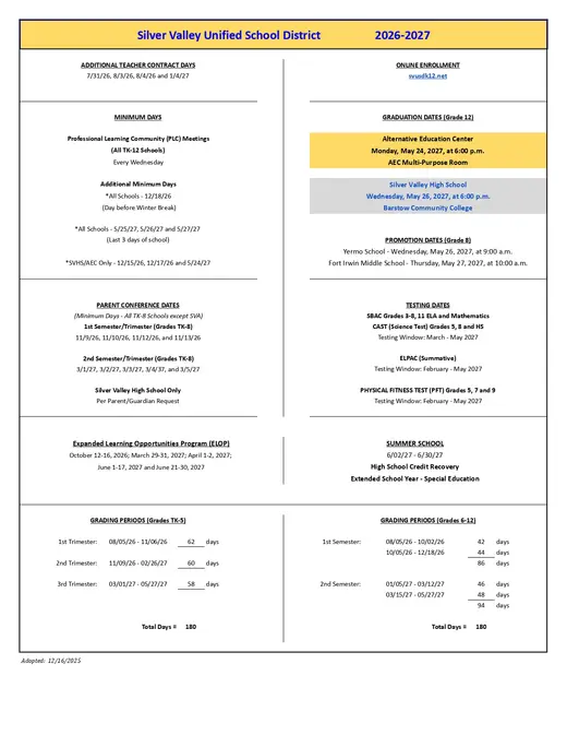 Silver Valley Unified School District 2026–2027 Academic Calendar Page 1