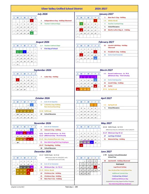 Silver Valley Unified School District 2026–2027 Academic Calendar Page 2
