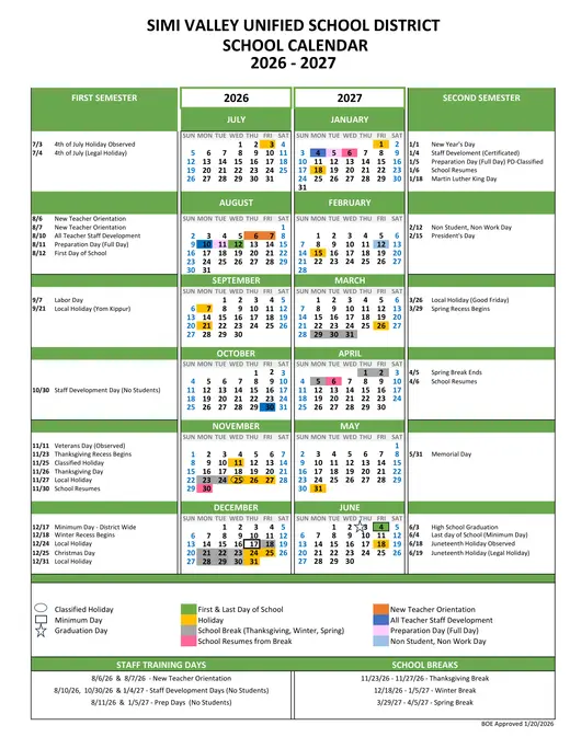 Simi Valley Unified School District 2026–2027 Academic Calendar