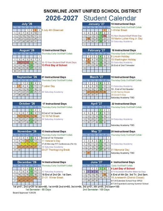 Snowline Joint Unified School District 2026–2027 Academic Calendar