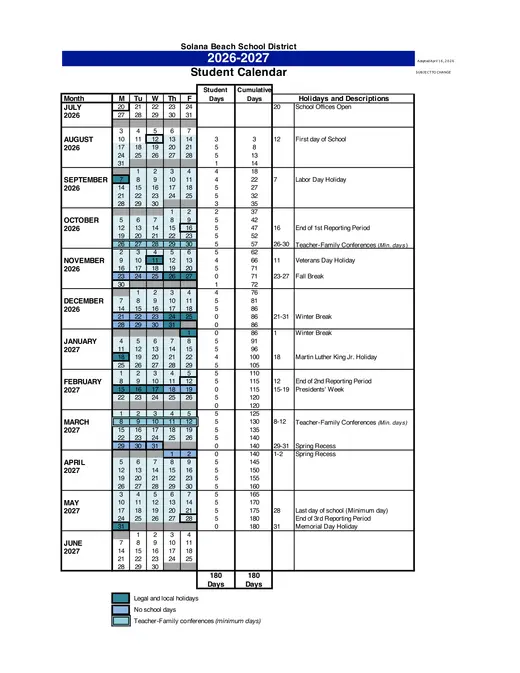 Solana Beach School District 2026–2027 Academic Calendar