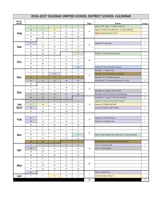 Soledad Unified School District SUSD 2026–2027 Academic Calendar
