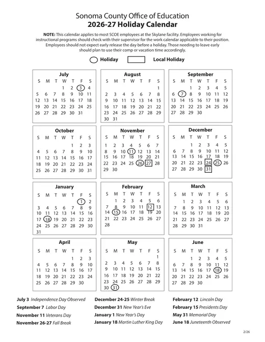 Sonoma County Office of Education 2026–2027 Academic Calendar