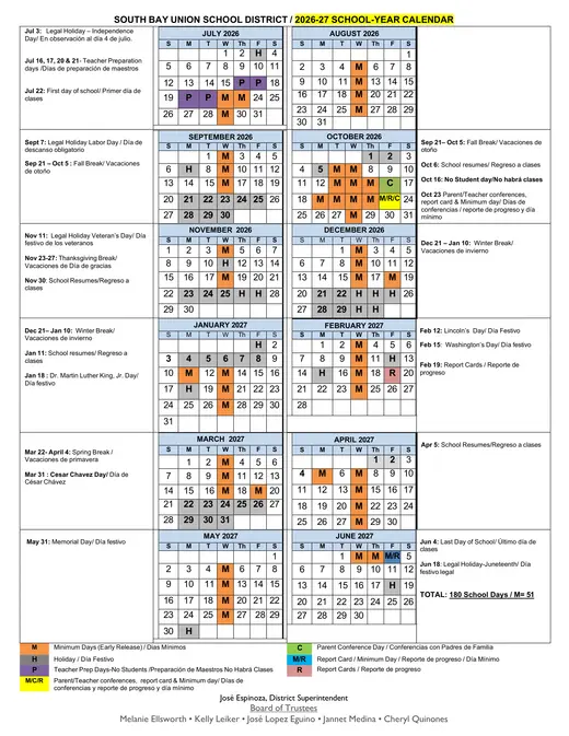South Bay Union School District 2026–2027 Academic Calendar