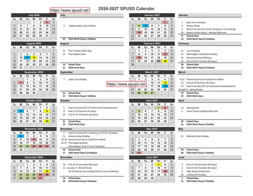 South Pasadena Unified School District 2026–2027 Academic Calendar