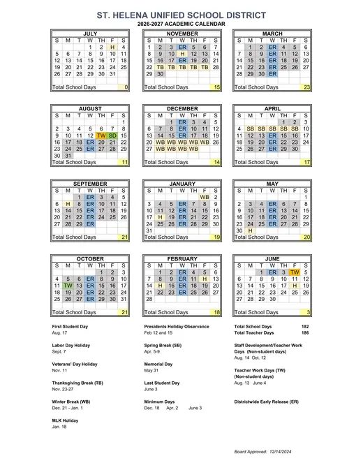 St. Helena Unified School District SHUSD 2026–2027 Academic Calendar