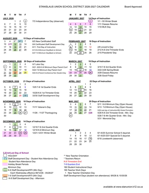 Stanislaus Union School District 2026–2027 Academic Calendar