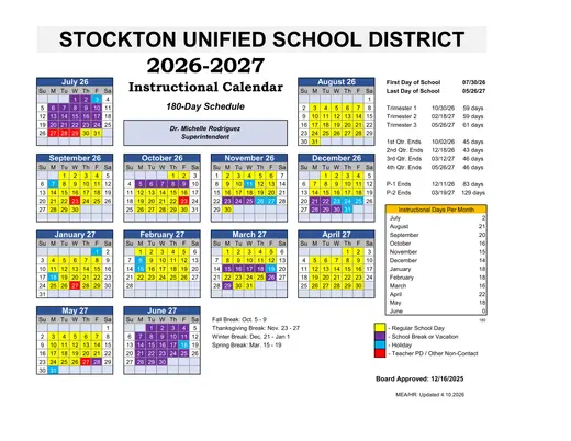 Stockton Unified School District SUSD 2026–2027 Academic Calendar