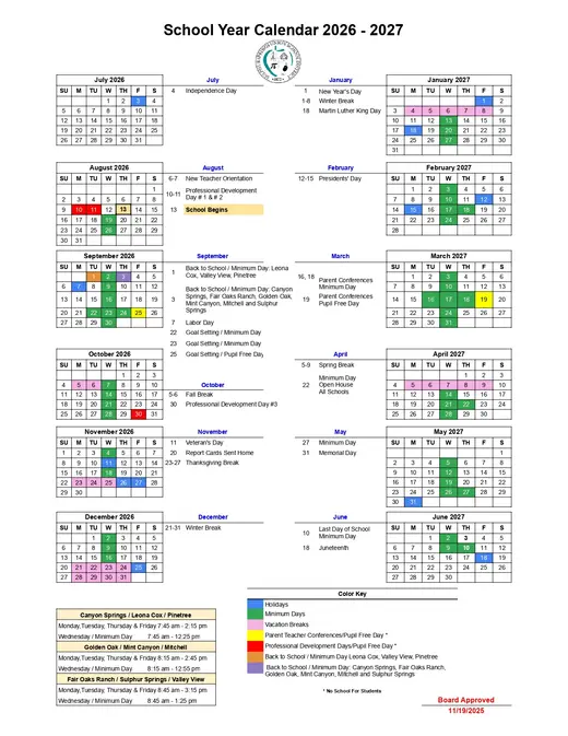 Sulphur Springs Union School District 2026–2027 Academic Calendar Page 1