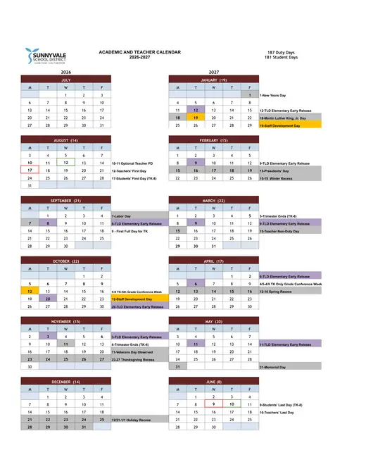Sunnyvale School District SSD 2026–2027 Academic Calendar