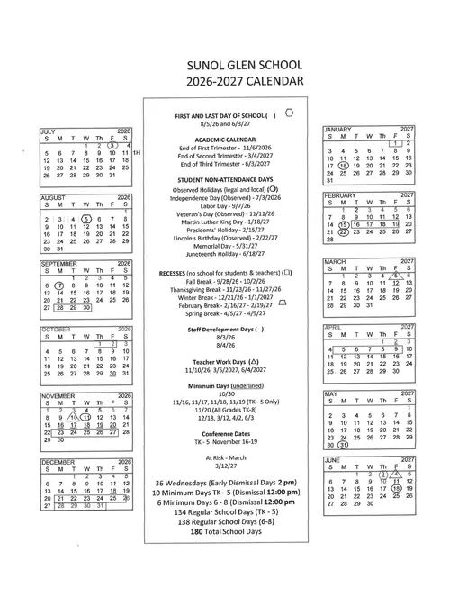 Sunol Glen School 2026–2027 Academic Calendar
