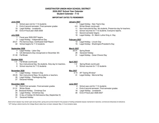Sweetwater Union High School District 2026–2027 Academic Calendar Page 2