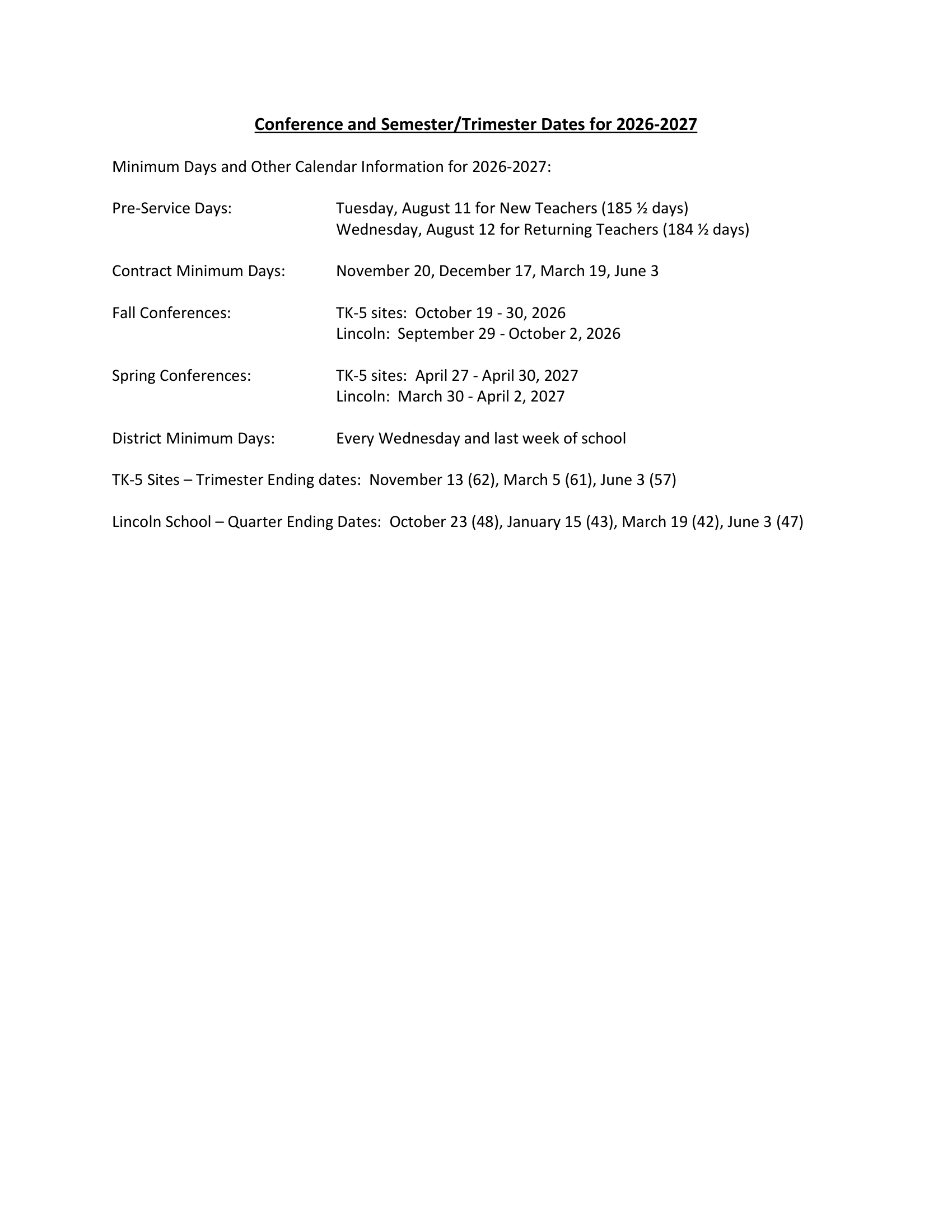 Taft City School District 2026–2027 Academic Calendar Page 2
