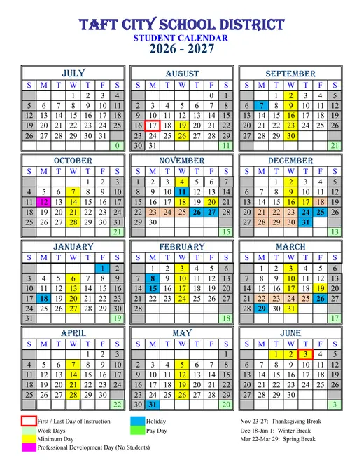 Taft City School District 2026–2027 Academic Calendar Page 1