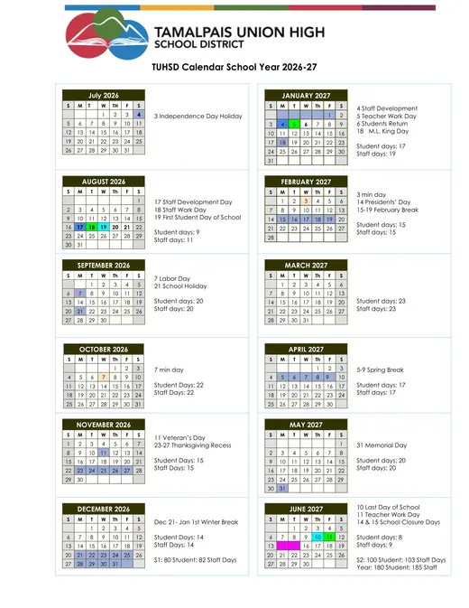 Tamalpais Union High School District 2026–2027 Academic Calendar