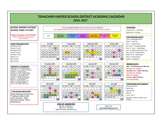 Tehachapi Unified School District 2026–2027 Academic Calendar