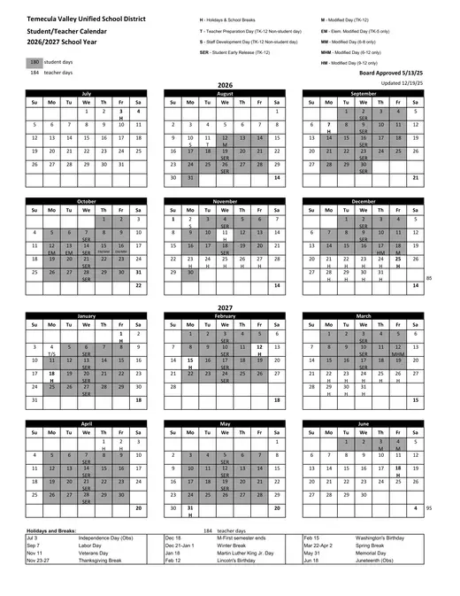 Temecula Valley Unified School District 2026–2027 Academic Calendar Page 1