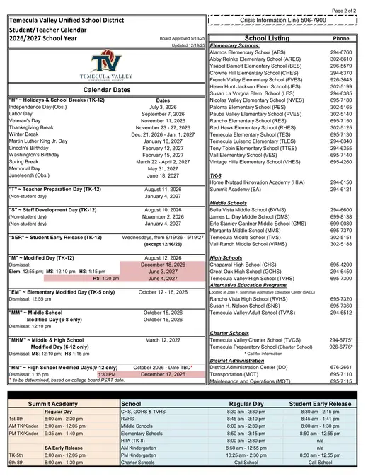 Temecula Valley Unified School District 2026–2027 Academic Calendar Page 2
