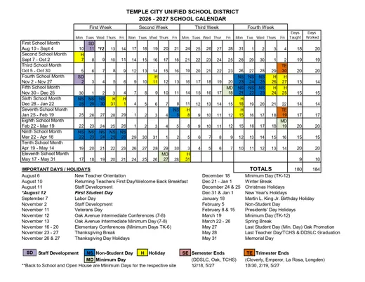 Temple City Unified School District 2026–2027 Academic Calendar