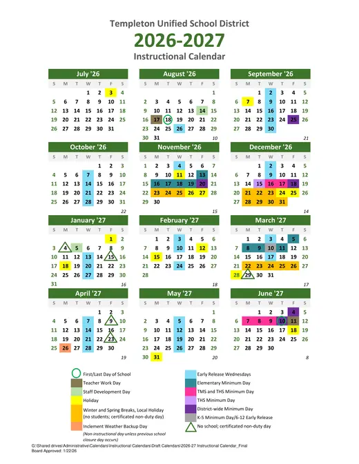 Templeton Unified School District 2026–2027 Academic Calendar