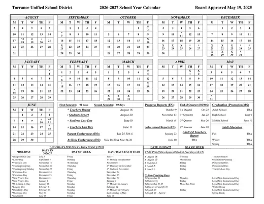 Torrance Unified School District 2026–2027 Academic Calendar