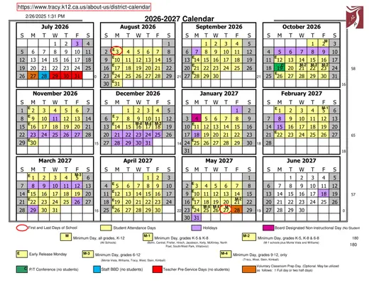 Tracy Unified School District 2026–2027 Academic Calendar