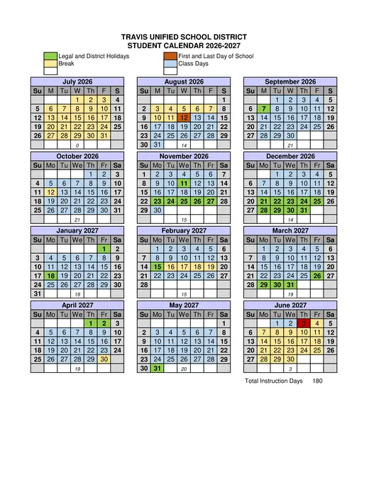 Travis Unified School District Tusd 2026–2027 Academic Calendar