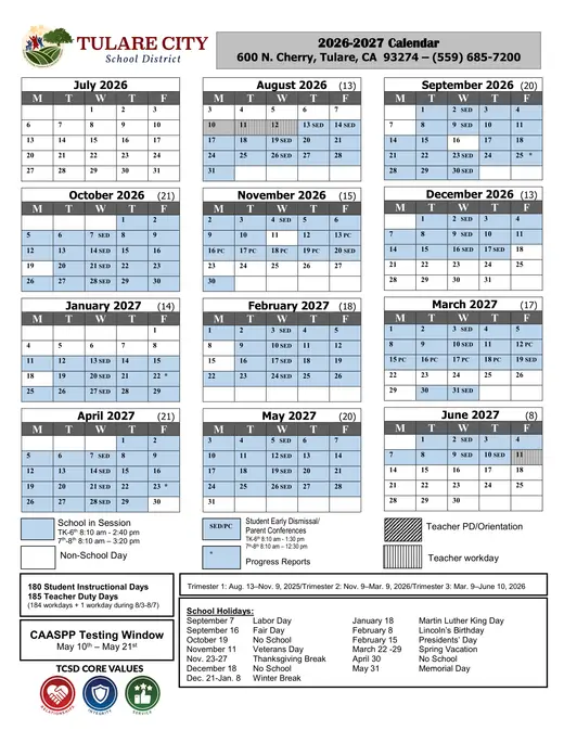 Tulare City School District TCSD 2026–2027 Academic Calendar Page 1