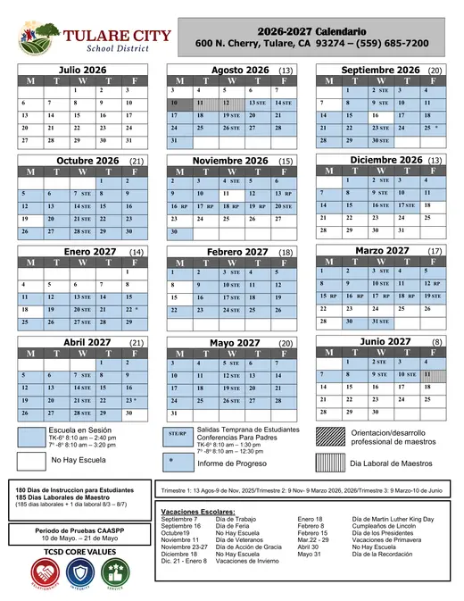 Tulare City School District TCSD 2026–2027 Academic Calendar Page 2