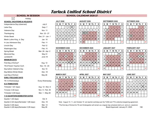 Turlock Unified School District 2026–2027 Academic Calendar
