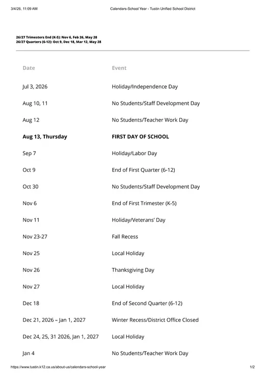 Tustin Unified School District 2026–2027 Academic Calendar Page 1