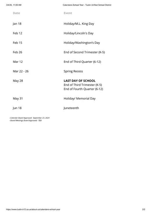 Tustin Unified School District 2026–2027 Academic Calendar Page 2