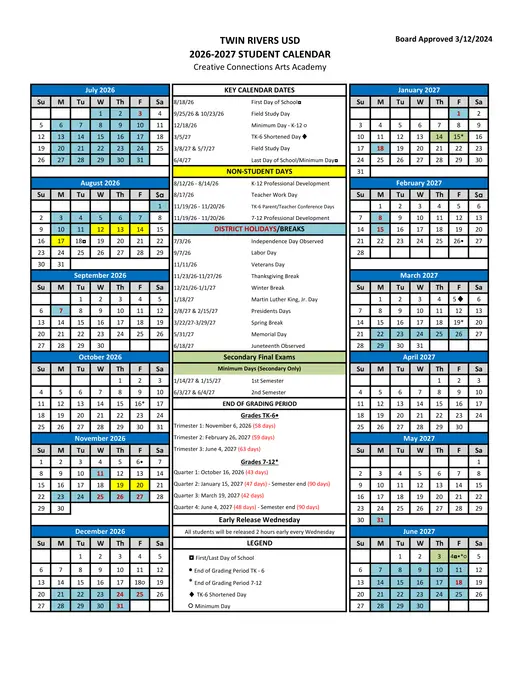 Twin Rivers Unified School District 2026–2027 Academic Calendar Page 2